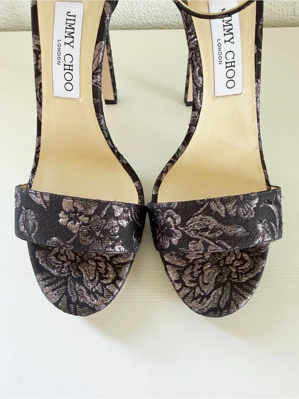Jimmy Choo Misty Platform Sandals Black Silver Brocade Ankle Strap EU 39